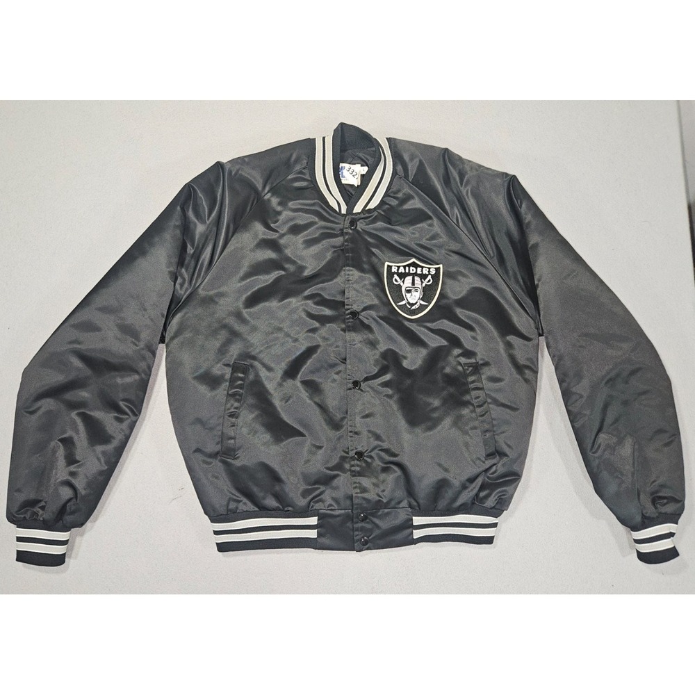 Vintage Chalk Line Mens Large Raiders Satin Bomber Jacket Black USA Made NFL